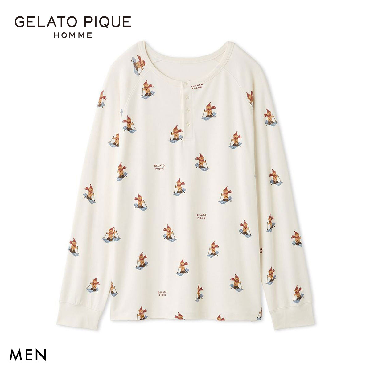 ジェラートピケ オム メンズ HOLIDAY ジェラートスキーベア柄ロングTシャツ ジェラピケ パジャマ ルームウェア gelato pique HOMME(IV-アイボリー-M)