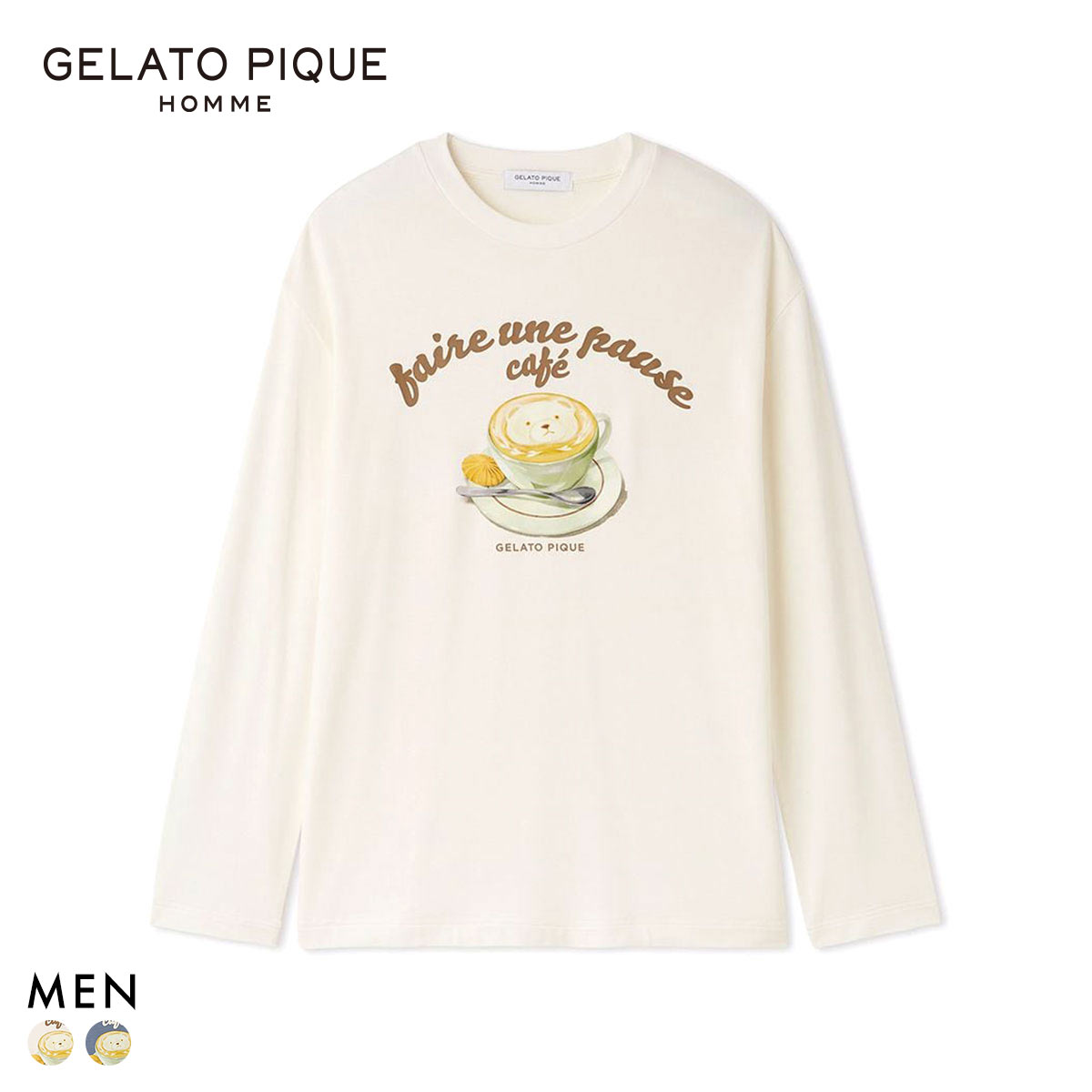 ジェラートピケ オム メンズ ベアラテワンポイントプリントロングTシャツ ジェラピケ パジャマ ルームウェア gelato pique HOMME(OW-オフホワイト-M)