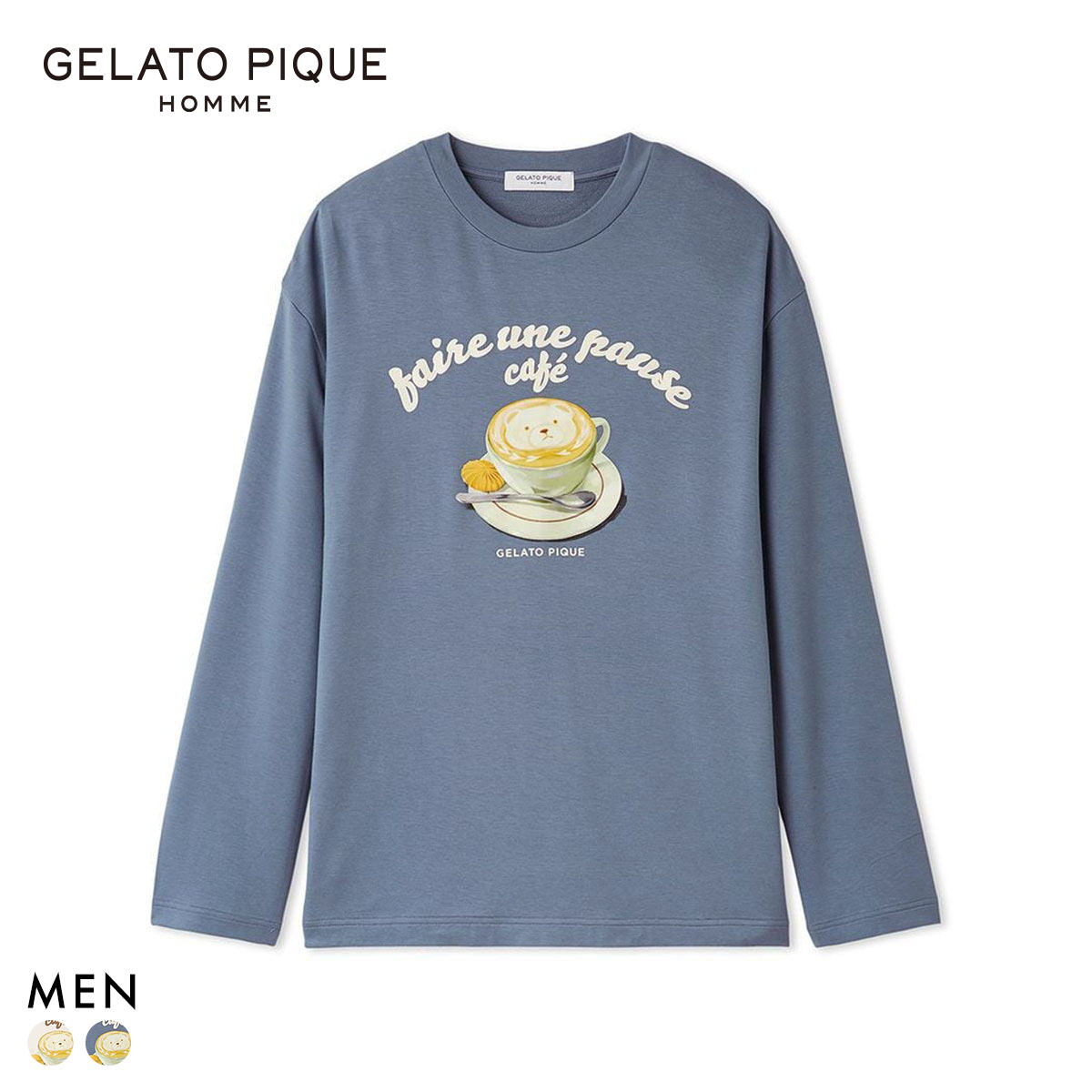 ジェラートピケ オム メンズ ベアラテワンポイントプリントロングTシャツ ジェラピケ パジャマ ルームウェア gelato pique HOMME(NV-ネイビー-M)
