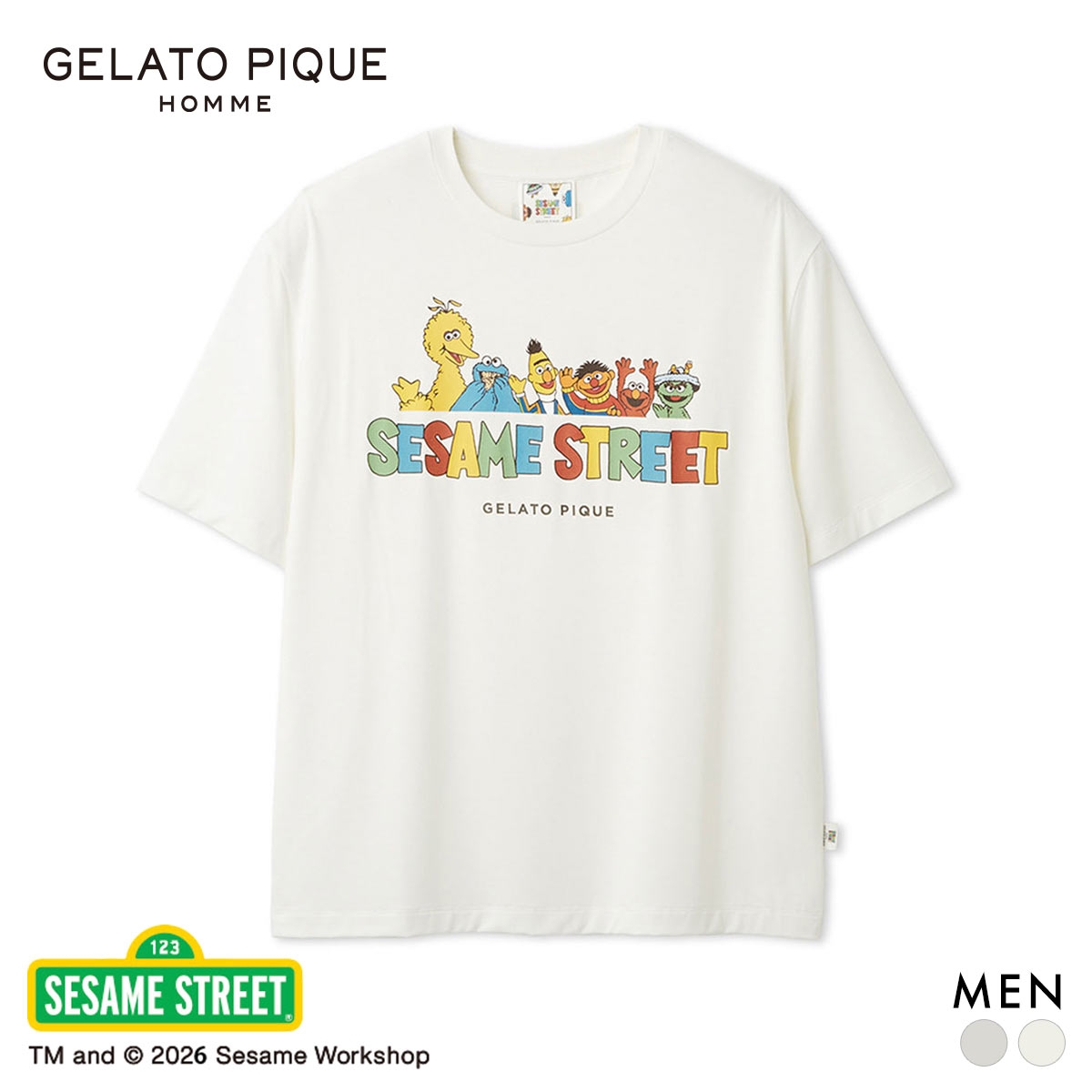 ジェラートピケ オム メンズ SESAME STREET ワンポイントTシャツ セサミストリート ジェラピケ パジャマ GELATO PIQUE HOMME(OW-オフホワイト-M)
