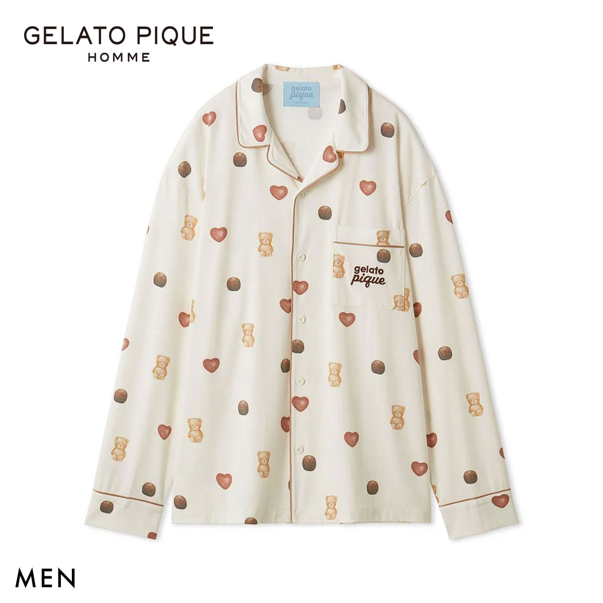 ジェラートピケ オム メンズ Valentine 総柄シャツ ジェラピケ パジャマ ルームウェア Valentine GELATO PIQUE HOMME バレンタイン(CR-クリーム-M)