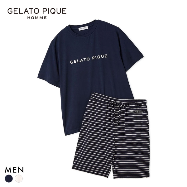 ジェラートピケ オム メンズ レーヨンロゴTシャツ＆ボーダーハーフパンツセット 上下セット ジェラピケ ルームウェア GELATO PIQUE HOMME