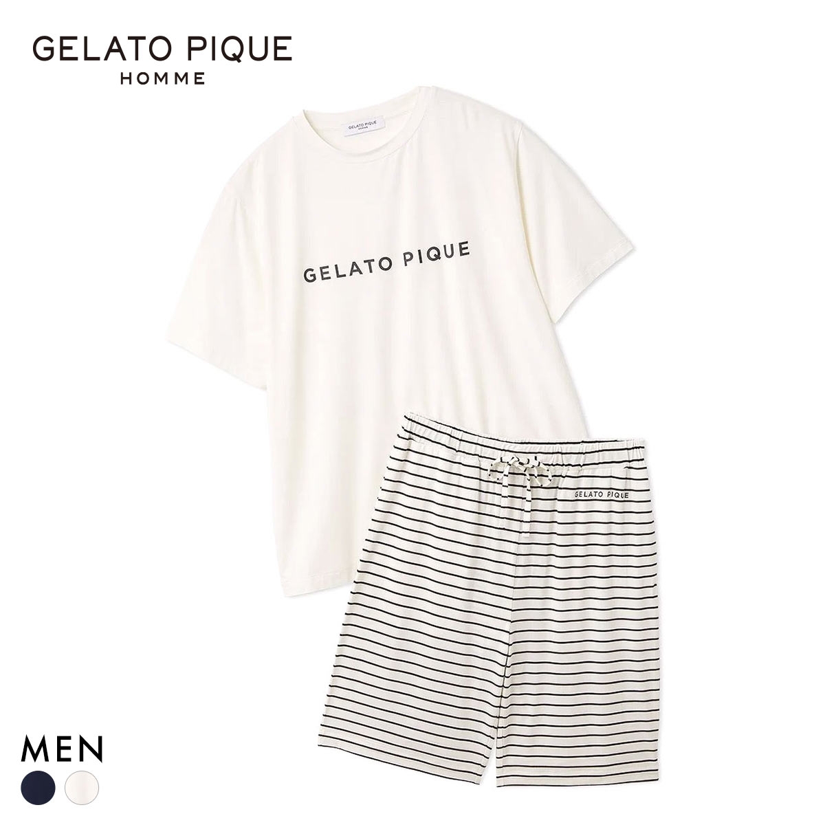 ジェラートピケ オム メンズ レーヨンロゴTシャツ＆ボーダーハーフパンツセット 上下セット ジェラピケ ルームウェア GELATO PIQUE HOMME(OW-オフホワイト-M)