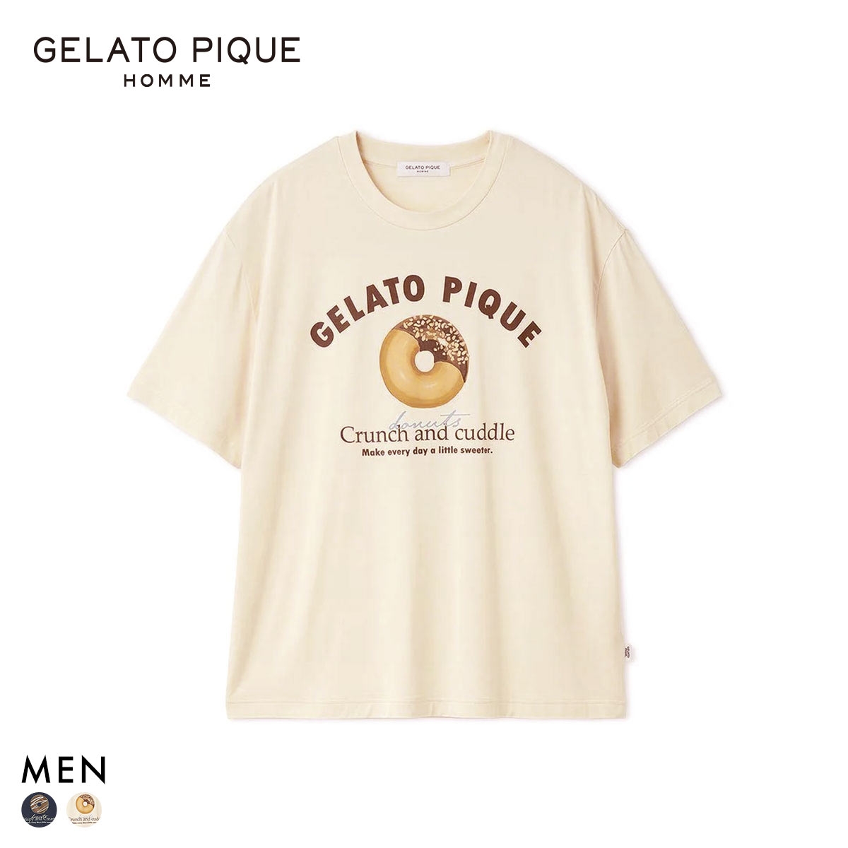 ジェラートピケ オム メンズ ドーナツワンポイントプリントTシャツ ジェラピケ パジャマ GELATO PIQUE HOMME(CR-クリーム-M)