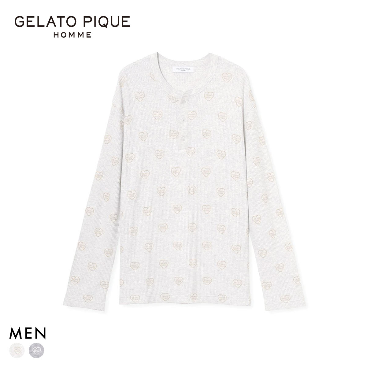ジェラートピケ オム メンズ ワッフルヘンリーネックロンT ジェラピケ パジャマ ルームウェア gelato pique HOMME(OM-オートミール-M)
