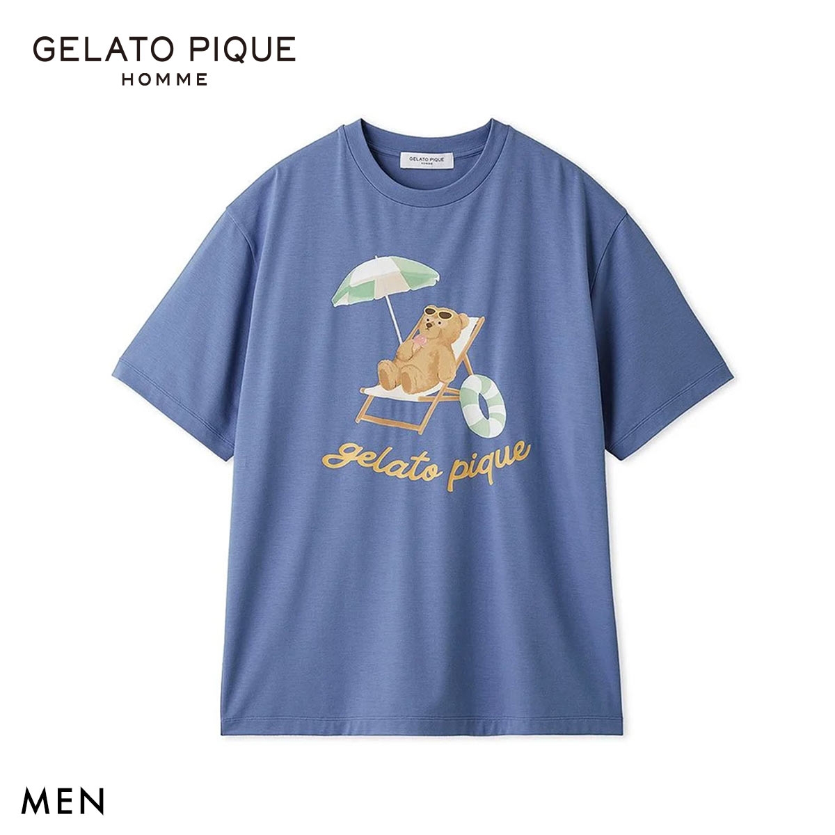 ジェラートピケ オム メンズ 接触冷感 サマーベアワンポイントTシャツ ジェラピケ パジャマ GELATO PIQUE HOMME(NV-ネイビー-M)