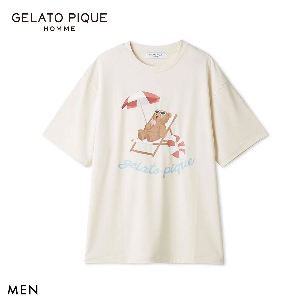 ジェラートピケ オム メンズ 接触冷感 サマーベアワンポイントTシャツ ジェラピケ パジャマ GELATO PIQUE HOMME(IV-アイボリー-M)