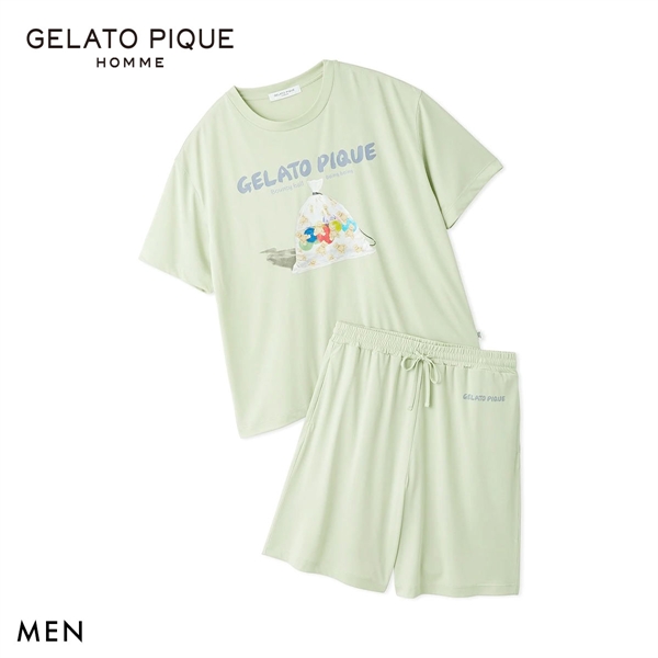 ジェラートピケ オム メンズ MINT SORBET by HEIQ MINT 接触冷感 夏祭りワンポイントTシャツ&ハーフパンツセット ジェラピケ ルームウェア GELATO PIQU