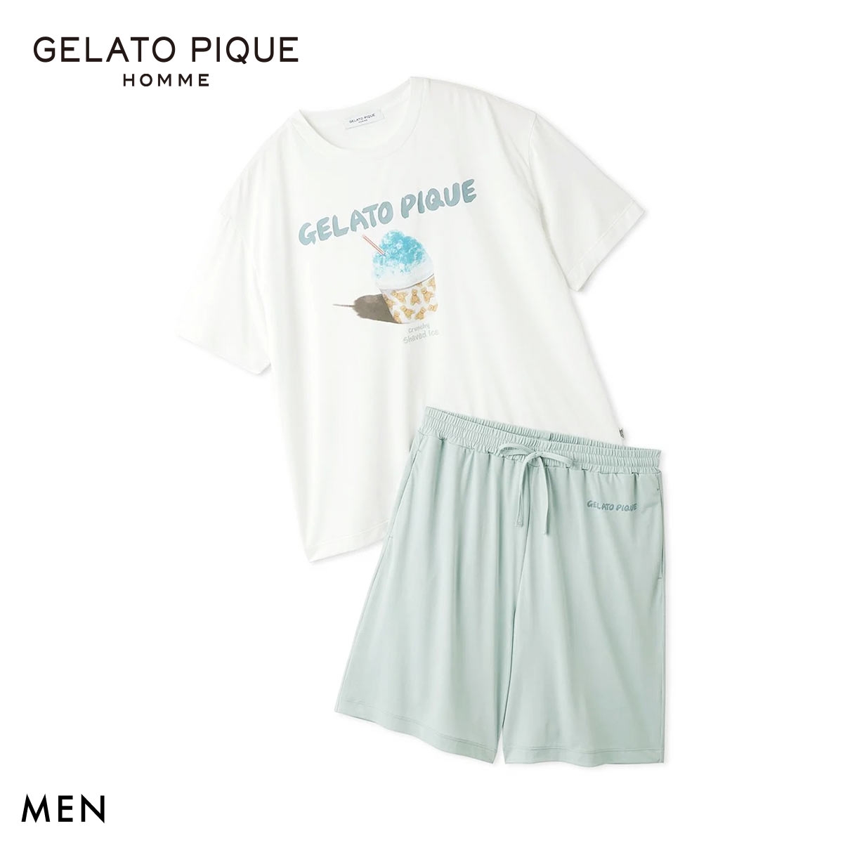 ジェラートピケ オム メンズ MINT SORBET by HEIQ MINT 接触冷感 夏祭りワンポイントTシャツ&ハーフパンツセット ジェラピケ ルームウェア GELATO PIQU(OW-オフホワイト-M)