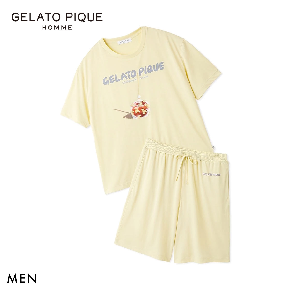 ジェラートピケ オム メンズ MINT SORBET by HEIQ MINT 接触冷感 夏祭りワンポイントTシャツ&ハーフパンツセット ジェラピケ ルームウェア GELATO PIQU(YE-イエロー-M)