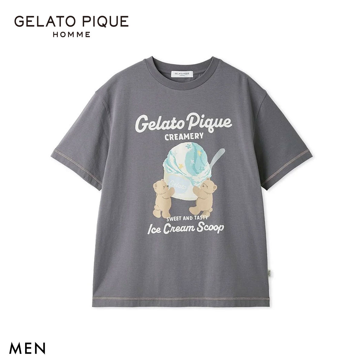 ジェラートピケ オム メンズ アイスクリームベアワンポイントTシャツ ジェラピケ ルームウェア GELATO PIQUE HOMME(GY-グレー-M)
