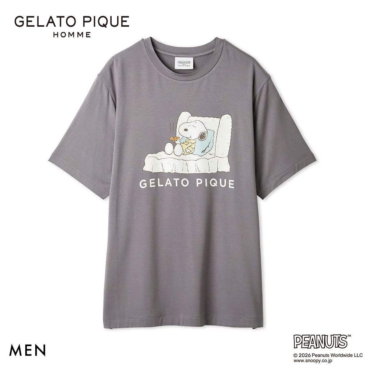 ジェラートピケ オム PEANUTS メンズ 接触冷感 ワンポイントTシャツ スヌーピー SNOOPY ジェラピケ パジャマ GELATO PIQUE HOMME(GY-グレー-M)