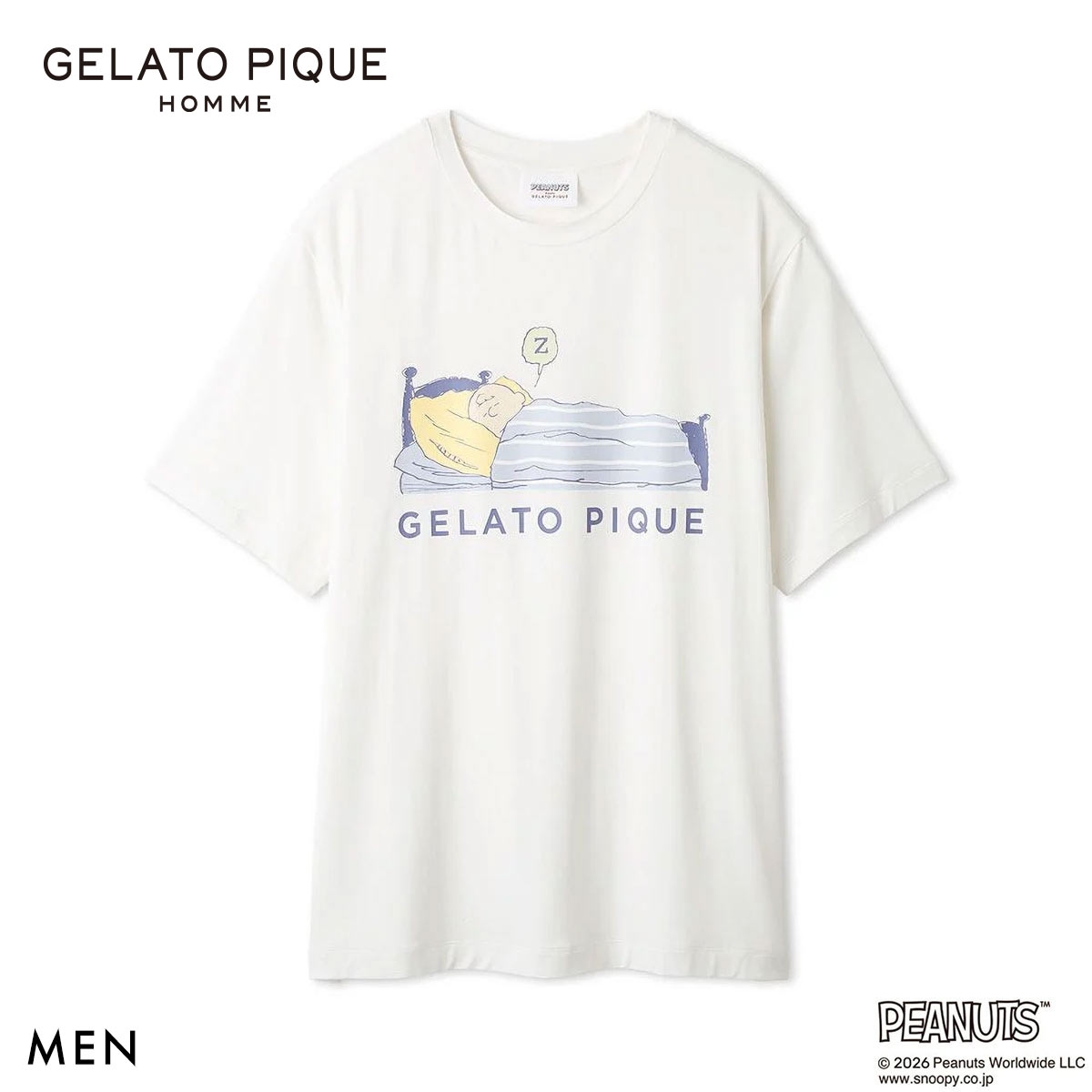 ジェラートピケ オム PEANUTS メンズ 接触冷感 ワンポイントTシャツ スヌーピー SNOOPY ジェラピケ パジャマ GELATO PIQUE HOMME(BU-ブルー-M)