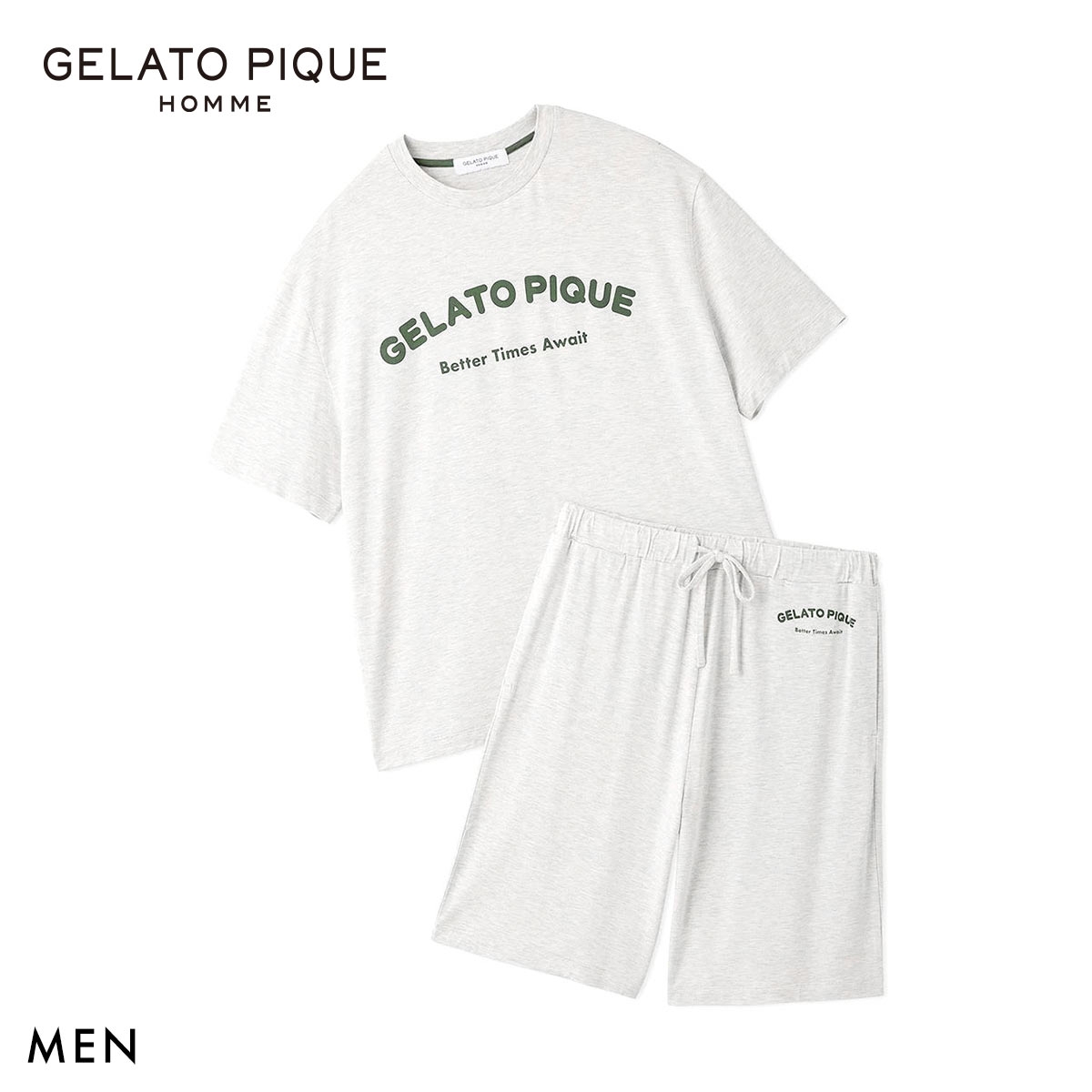 ジェラートピケ オム メンズ 接触冷感 カジュアルレーヨンロゴTシャツ＆ハーフパンツセット ジェラピケ ルームウェア gelato pique HOMME(GY-グレー-M)