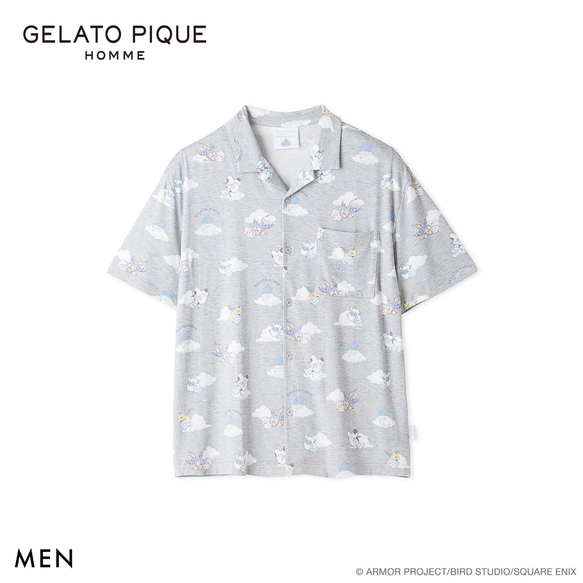 ジェラートピケ オム メンズ ドラゴンクエスト 総柄半袖シャツ ジェラピケ パジャマ ルームウェア GELATO PIQUE DRAGON QUEST HOMME(GY-グレー-M)