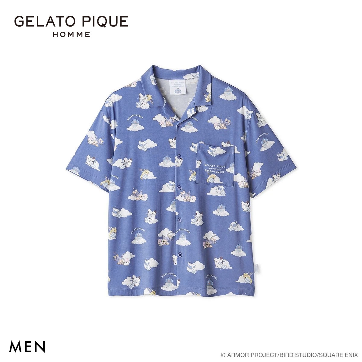 ジェラートピケ オム メンズ ドラゴンクエスト 総柄半袖シャツ ジェラピケ パジャマ ルームウェア GELATO PIQUE DRAGON QUEST HOMME(NV-ネイビー-M)