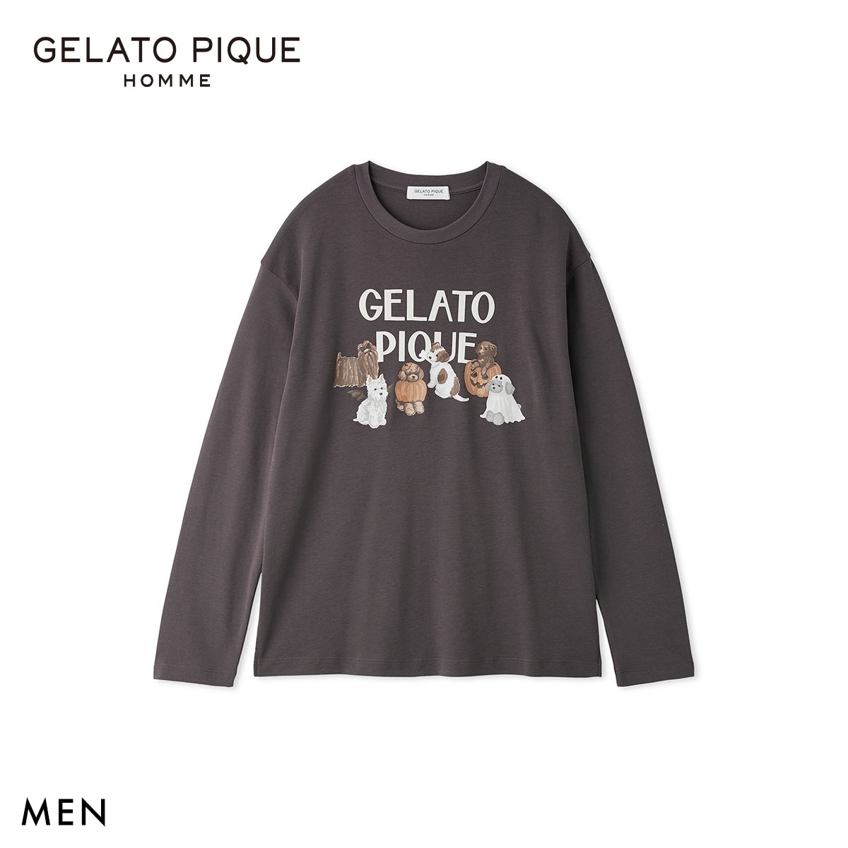 ジェラートピケ オム メンズ HALLOWEEN ナイトパレードDOGSワンポイントロンT ジェラピケ パジャマ GELATO PIQUE HOMME ハロウィン(DGY-濃グレー-M)