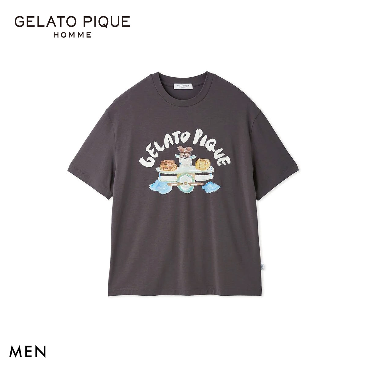 ジェラートピケ オム メンズ ヒラノトシユキ 接触冷感 PLANEDOGワンポイントプリントTシャツ ジェラピケ パジャマ GELATO PIQUE HOMME(DGY-濃グレー-M)