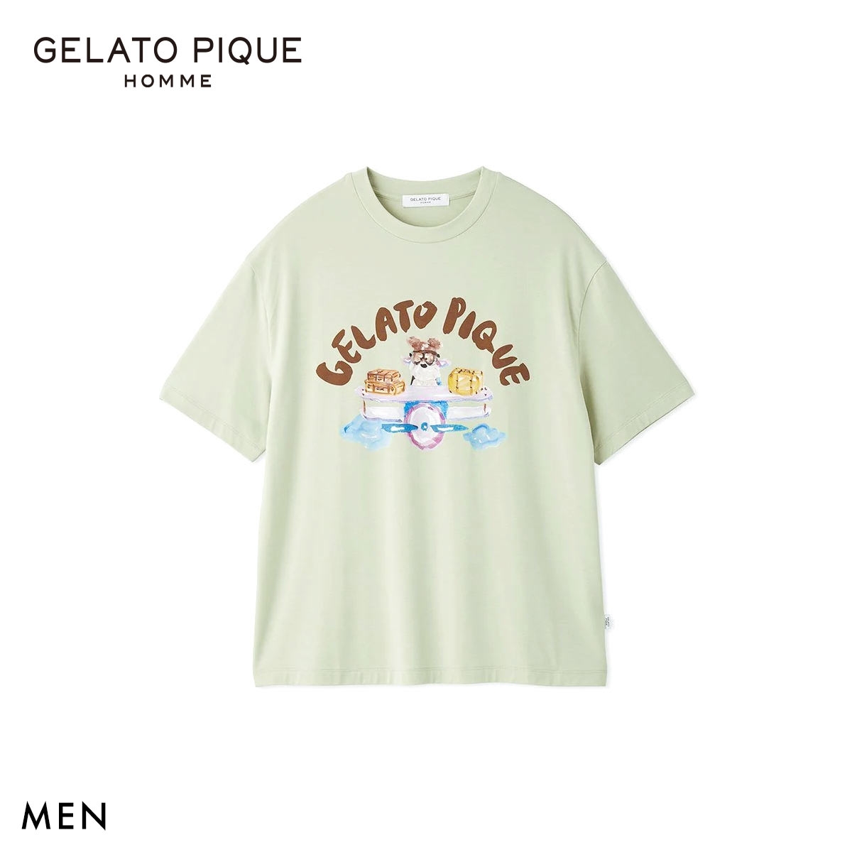 ジェラートピケ オム メンズ ヒラノトシユキ 接触冷感 PLANEDOGワンポイントプリントTシャツ ジェラピケ パジャマ GELATO PIQUE HOMME(MI-ミント-M)