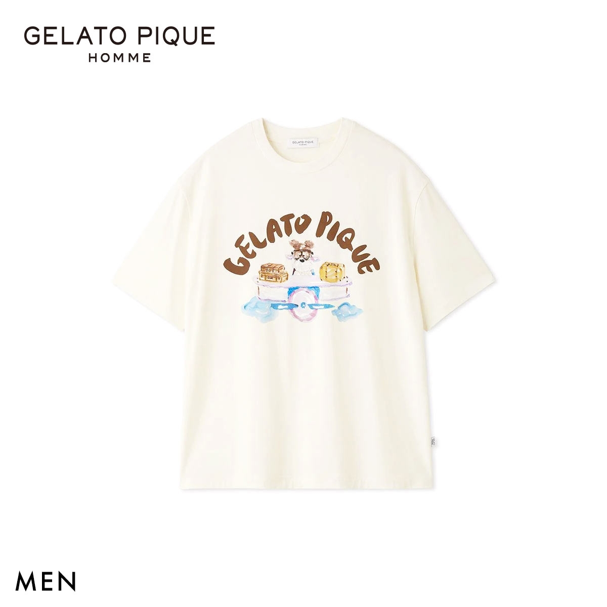 ジェラートピケ オム メンズ ヒラノトシユキ 接触冷感 PLANEDOGワンポイントプリントTシャツ ジェラピケ パジャマ GELATO PIQUE HOMME(OW-オフホワイト-M)