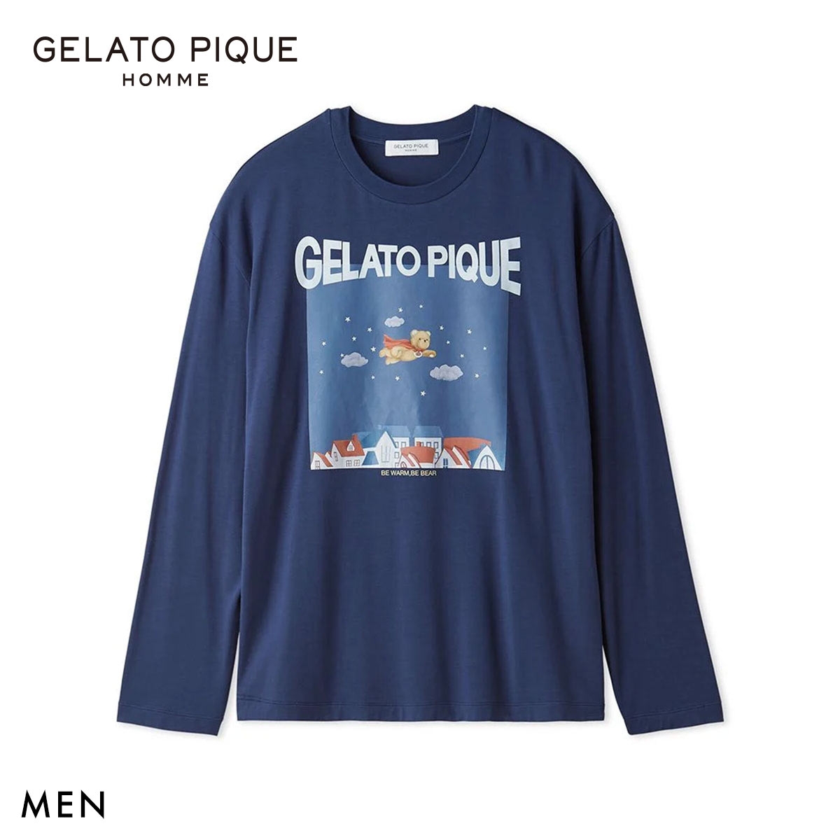 ジェラートピケ オム メンズ 抗菌防臭 レーヨンヒーローベアプリントロンT ジェラピケ ルームウェア GELATO PIQUE HOMME(NV-ネイビー-M)