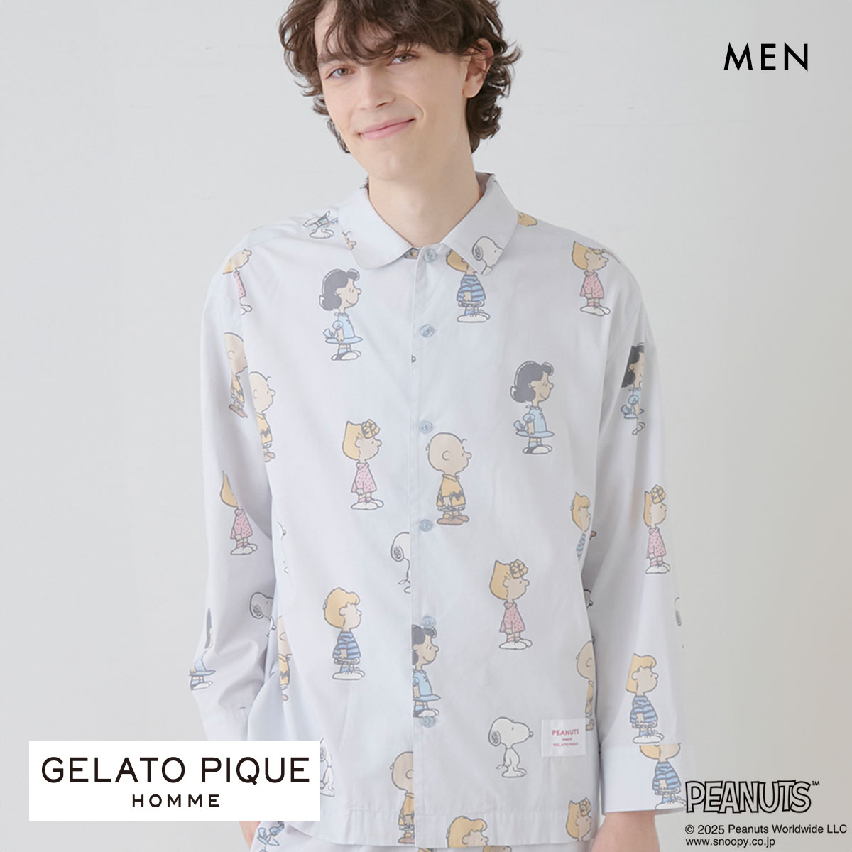 ジェラートピケ オム メンズ ピーナッツ 総柄シャツ ジェラピケ パジャマ ルームウェア PEANUTS gelato pique HOMME(BU-ブルー-M)