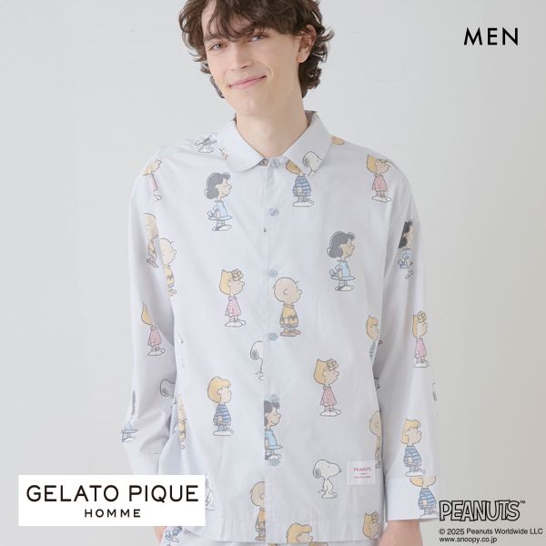 ジェラートピケ オム メンズ ピーナッツ 総柄シャツ ジェラピケ パジャマ ルームウェア PEANUTS gelato pique HOMME