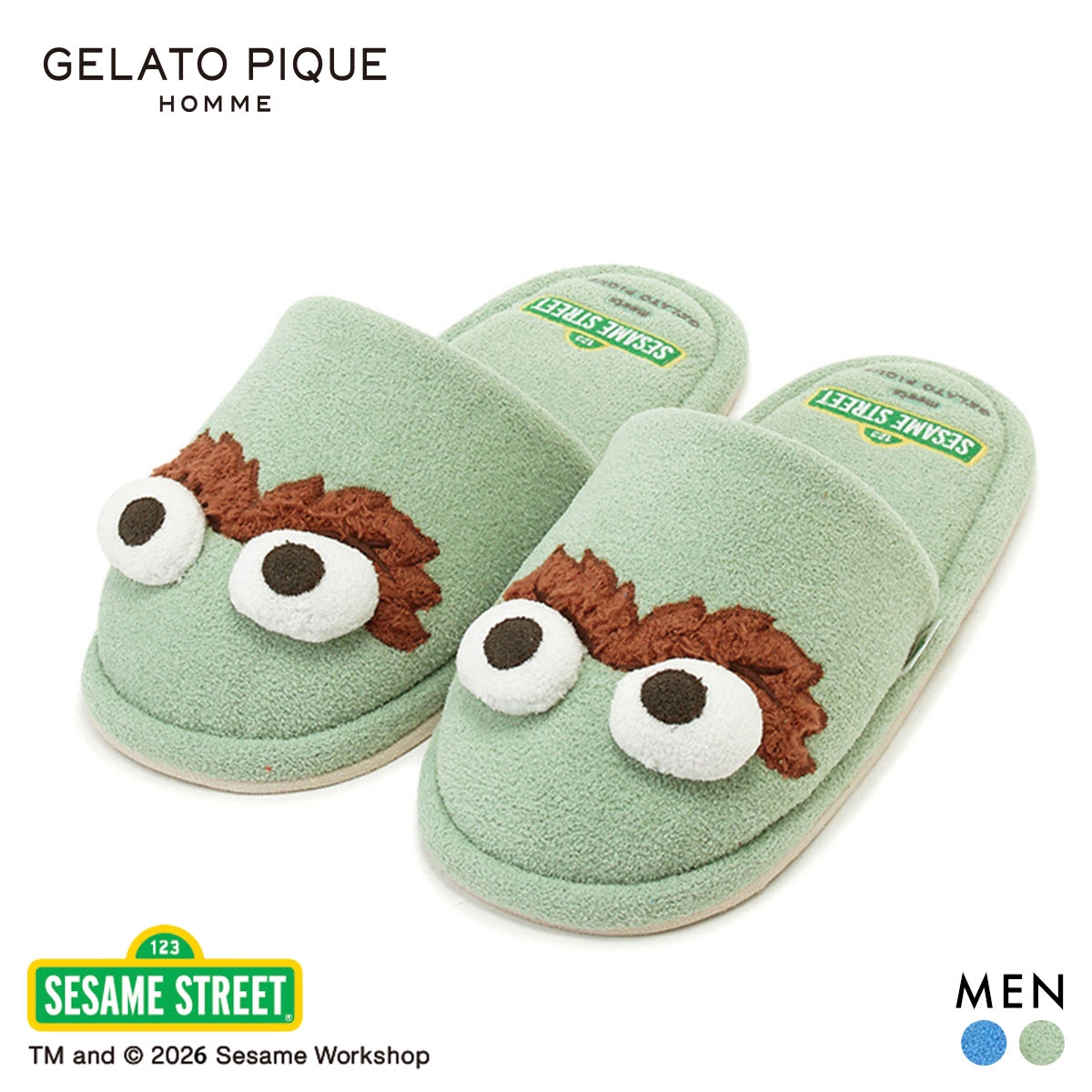 ジェラートピケ オム メンズ SESAME STREET ルームシューズ ジェラピケ セサミストリート パジャマ ルームウェア GELATO PIQUE HOMME(GR-グリーン-Free)