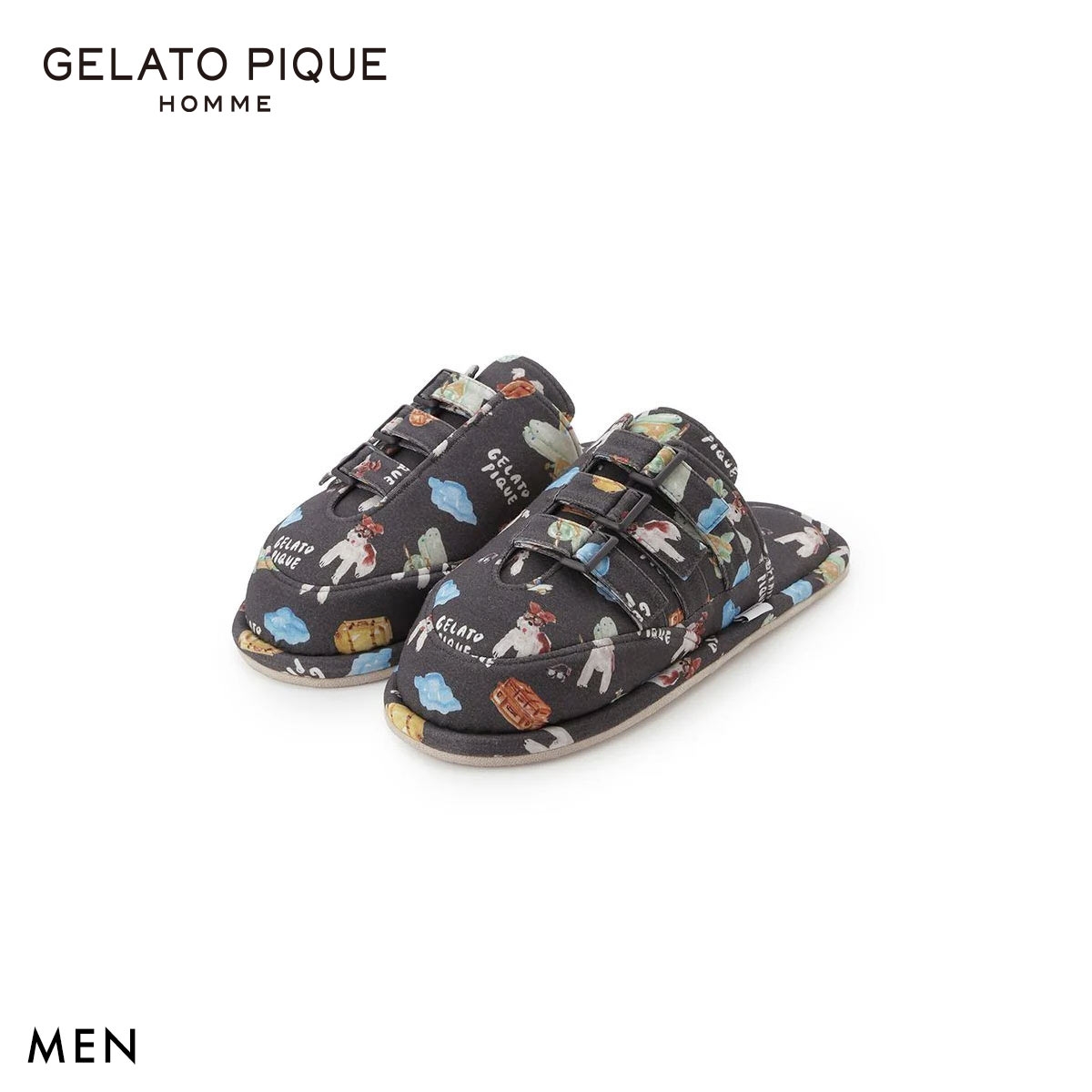 ジェラートピケ オム メンズ 接触冷感 PLANEDOG柄プリントルームシューズ ジェラピケ パジャマ GELATO PIQUE HOMME(DGY-濃グレー-Free)