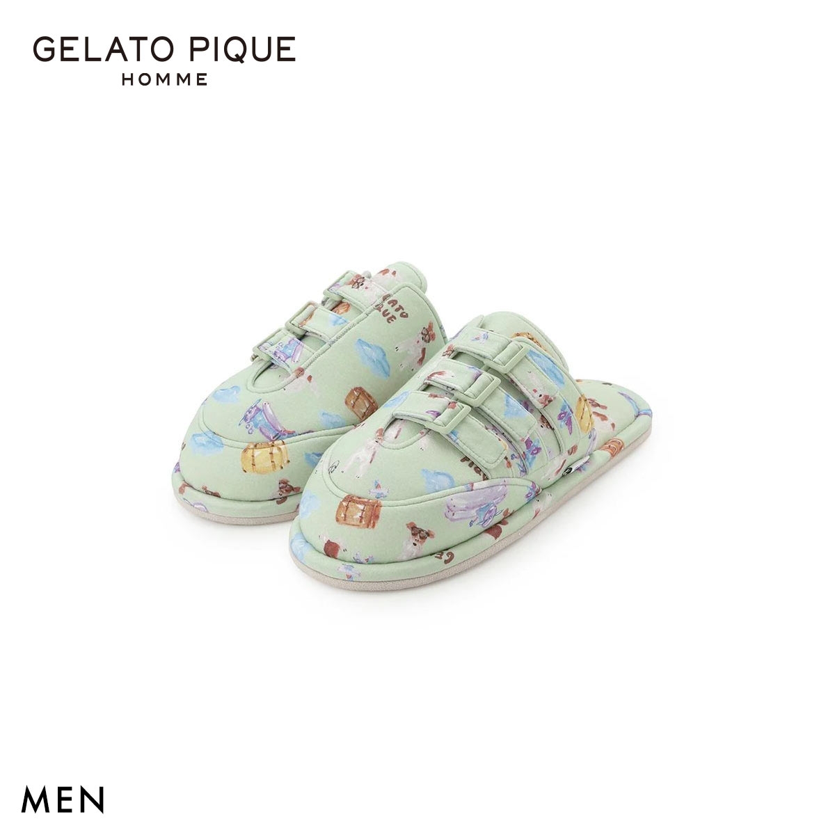ジェラートピケ オム メンズ 接触冷感 PLANEDOG柄プリントルームシューズ ジェラピケ パジャマ GELATO PIQUE HOMME(MI-ミント-Free)