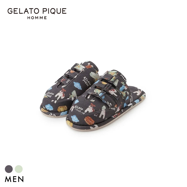 ジェラートピケ オム メンズ 接触冷感 PLANEDOG柄プリントルームシューズ ジェラピケ パジャマ GELATO PIQUE HOMME