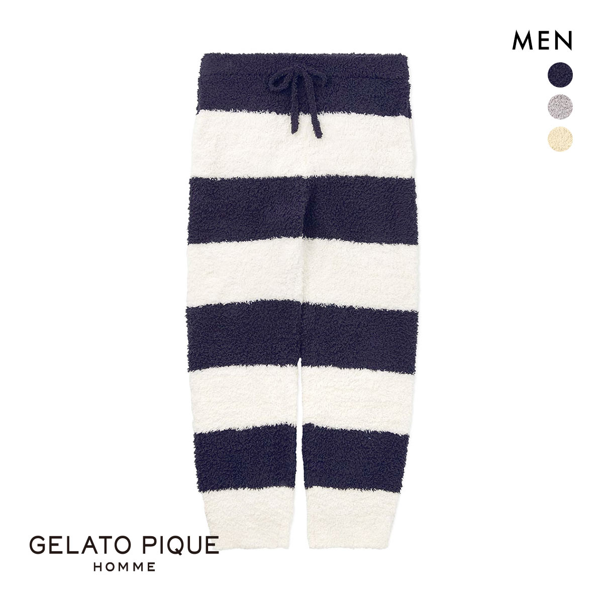 ジェラートピケ オム メンズ ジェラート2ボーダーロングパンツ ジェラピケ パジャマ ルームウェア gelato pique HOMME(NV-ネイビー-M)