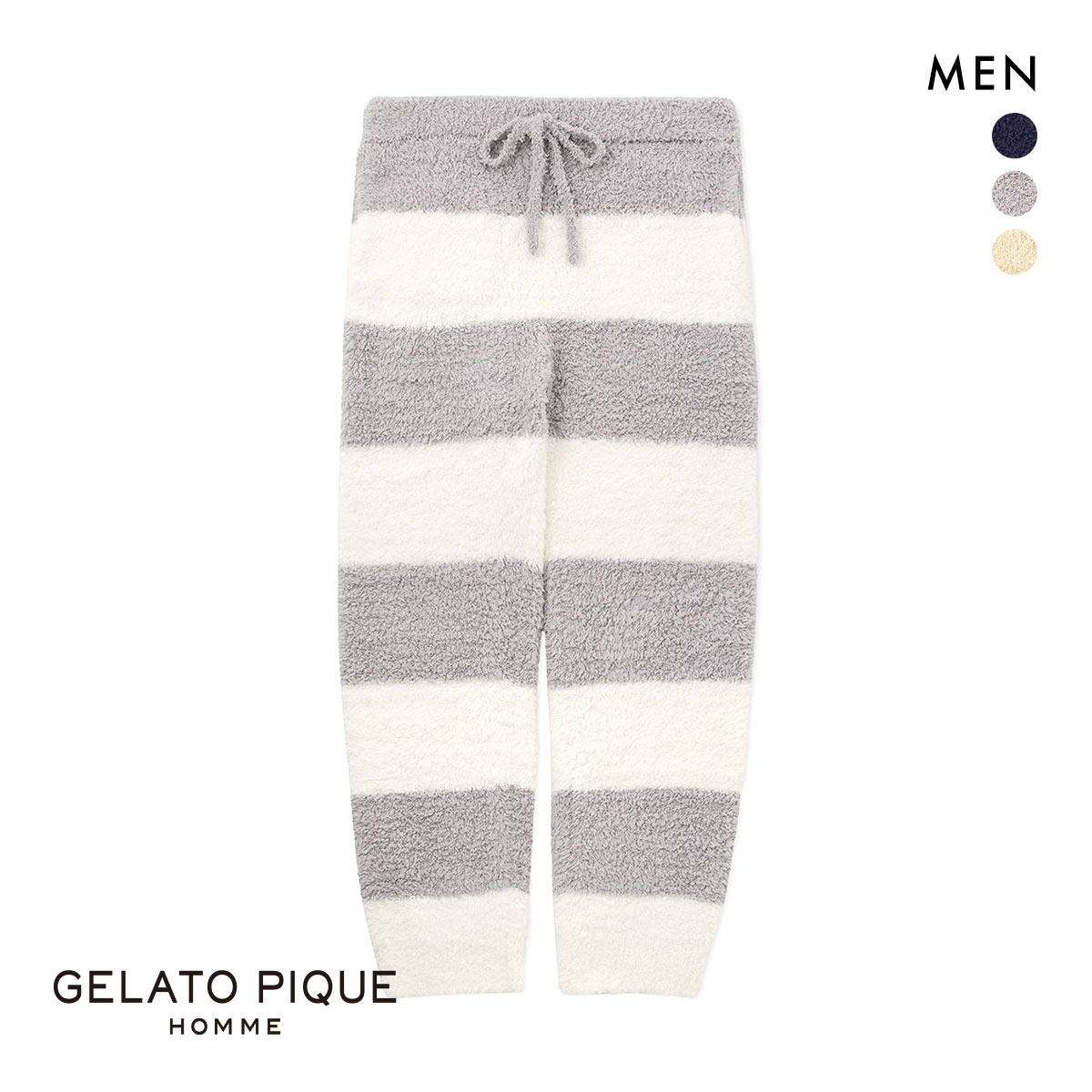 ジェラートピケ オム メンズ ジェラート2ボーダーロングパンツ ジェラピケ パジャマ ルームウェア gelato pique HOMME(GY-グレー-M)