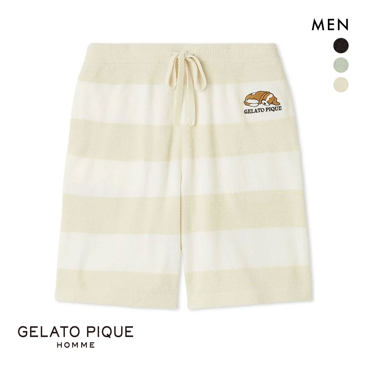 ジェラートピケ オム メンズ エアリーモコドッグアップリケハーフパンツ ジェラピケ パジャマ ルームウェア gelato pique HOMME(CR-クリーム-M)