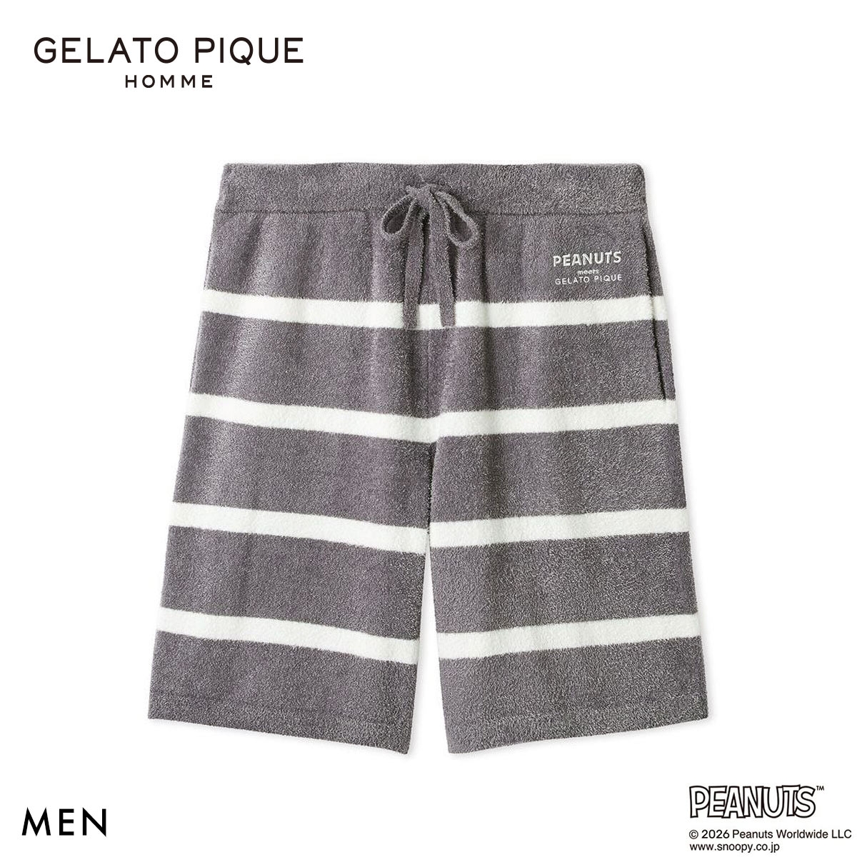 ジェラートピケ オム PEANUTS メンズ スムーズィーボーダーハーフパンツ スヌーピー SNOOPY ジェラピケ パジャマ GELATO PIQUE HOMME(GY-グレー-M)