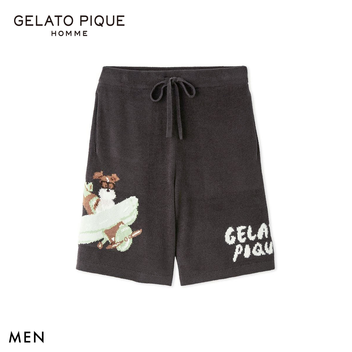 ジェラートピケ オム メンズ ヒラノトシユキ エアリーモコPLANEDOGジャガードハーフパンツ ジェラピケ パジャマ GELATO PIQUE HOMME(DGY-濃グレー-M)
