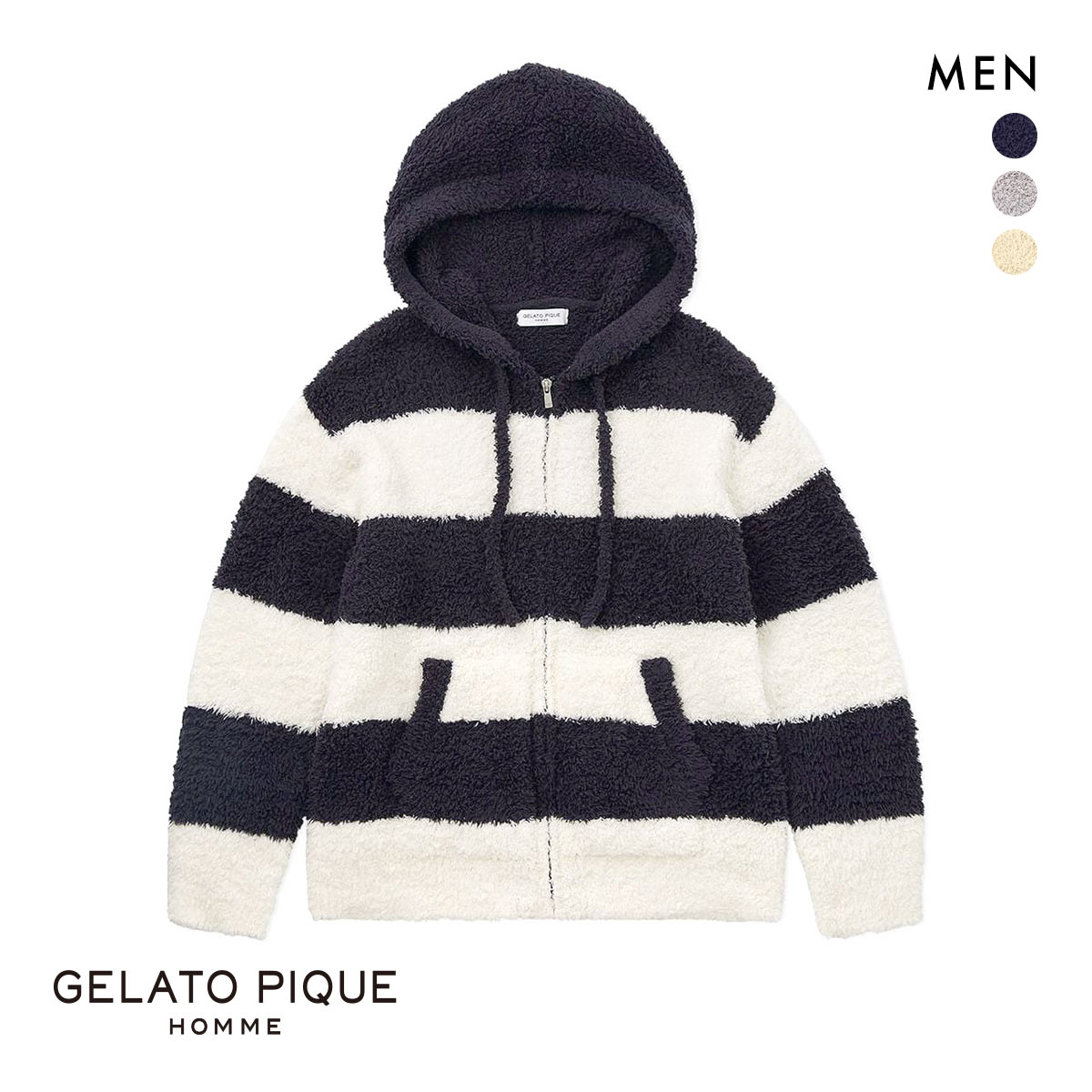 ジェラートピケ オム メンズ ジェラート2ボーダーパーカ ジェラピケ パジャマ ルームウェア gelato pique HOMME(NV-ネイビー-M)