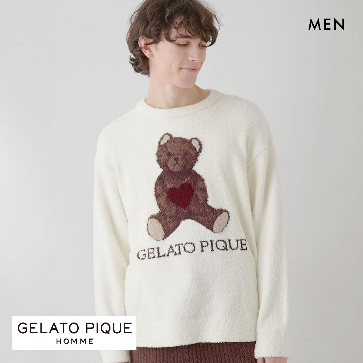 ジェラートピケ オム メンズ バレンタイン ベビモコハートベアジャガードプルオーバー ジェラピケ パジャマ Valentine GELATO PIQUE HOMME(CR-クリーム-M)