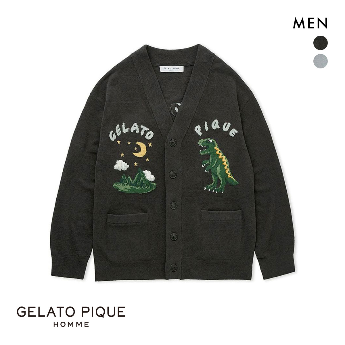 ジェラートピケ オム メンズ エアモコダイナソージャガードカーディガン ジェラピケ パジャマ ルームウェア gelato pique HOMME(DGY-濃グレー-M)