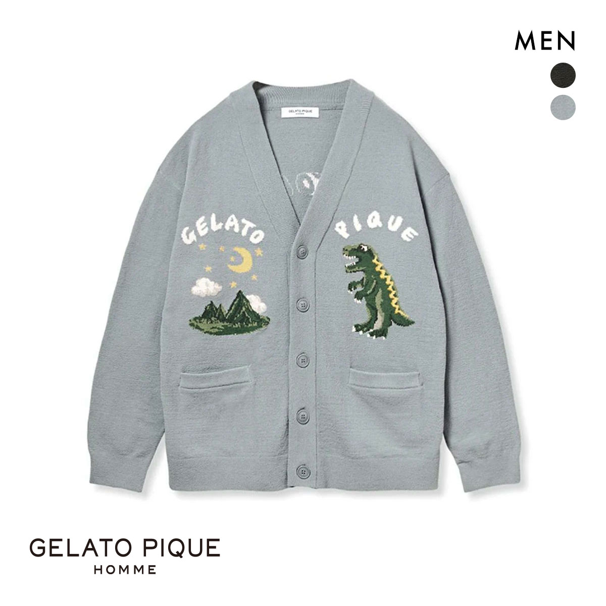 ジェラートピケ オム メンズ エアモコダイナソージャガードカーディガン ジェラピケ パジャマ ルームウェア gelato pique HOMME(BU-ブルー-M)