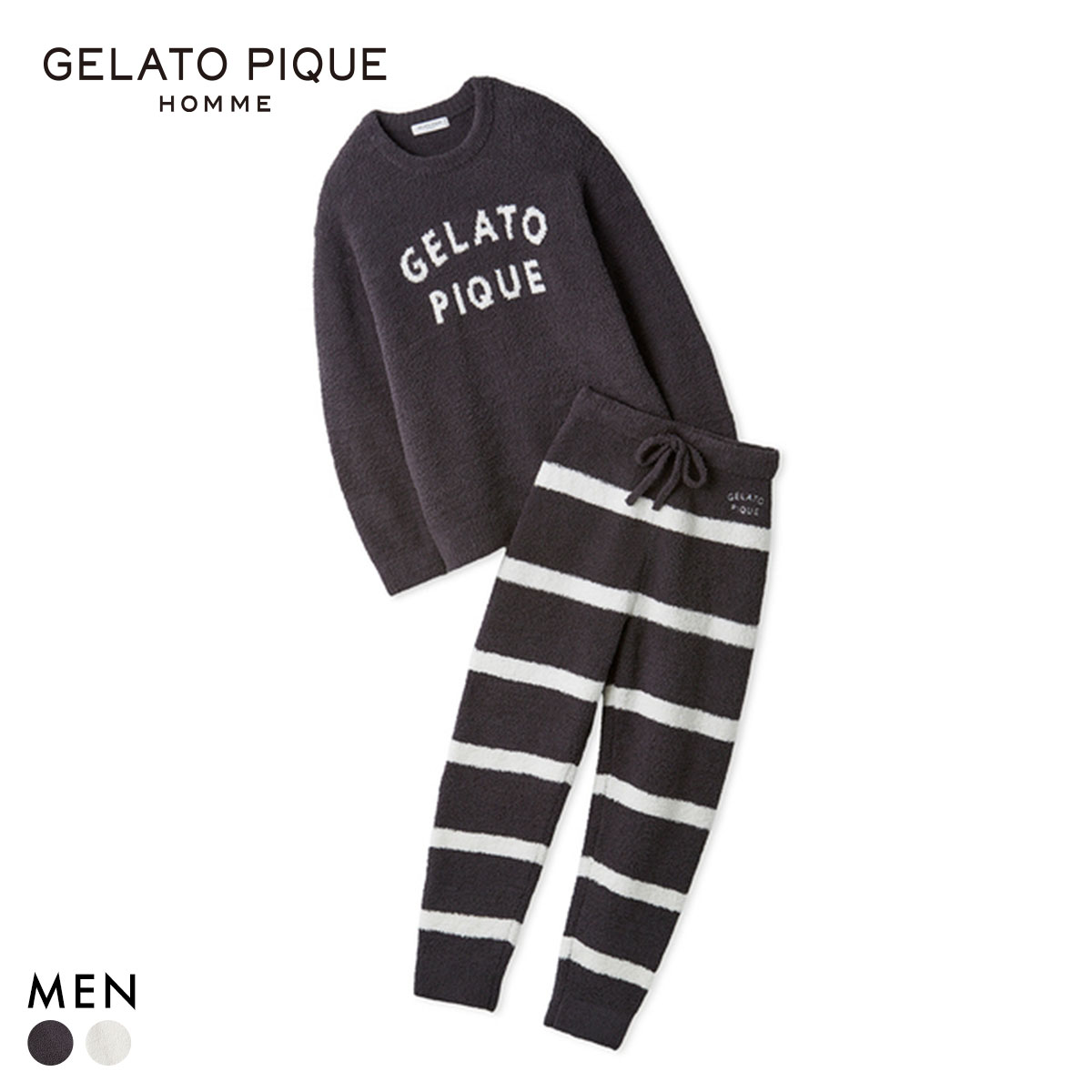 ジェラートピケ オム メンズ パウダーロゴジャガードプルオーバー＆ロングパンツセット ジェラピケ パジャマ GELATO PIQUE HOMME(CGY-チャコールグレー-M)
