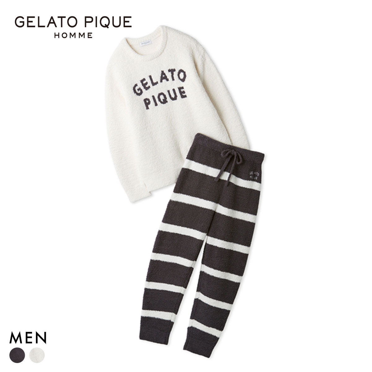 ジェラートピケ オム メンズ パウダーロゴジャガードプルオーバー＆ロングパンツセット ジェラピケ パジャマ GELATO PIQUE HOMME(IV-アイボリー-M)
