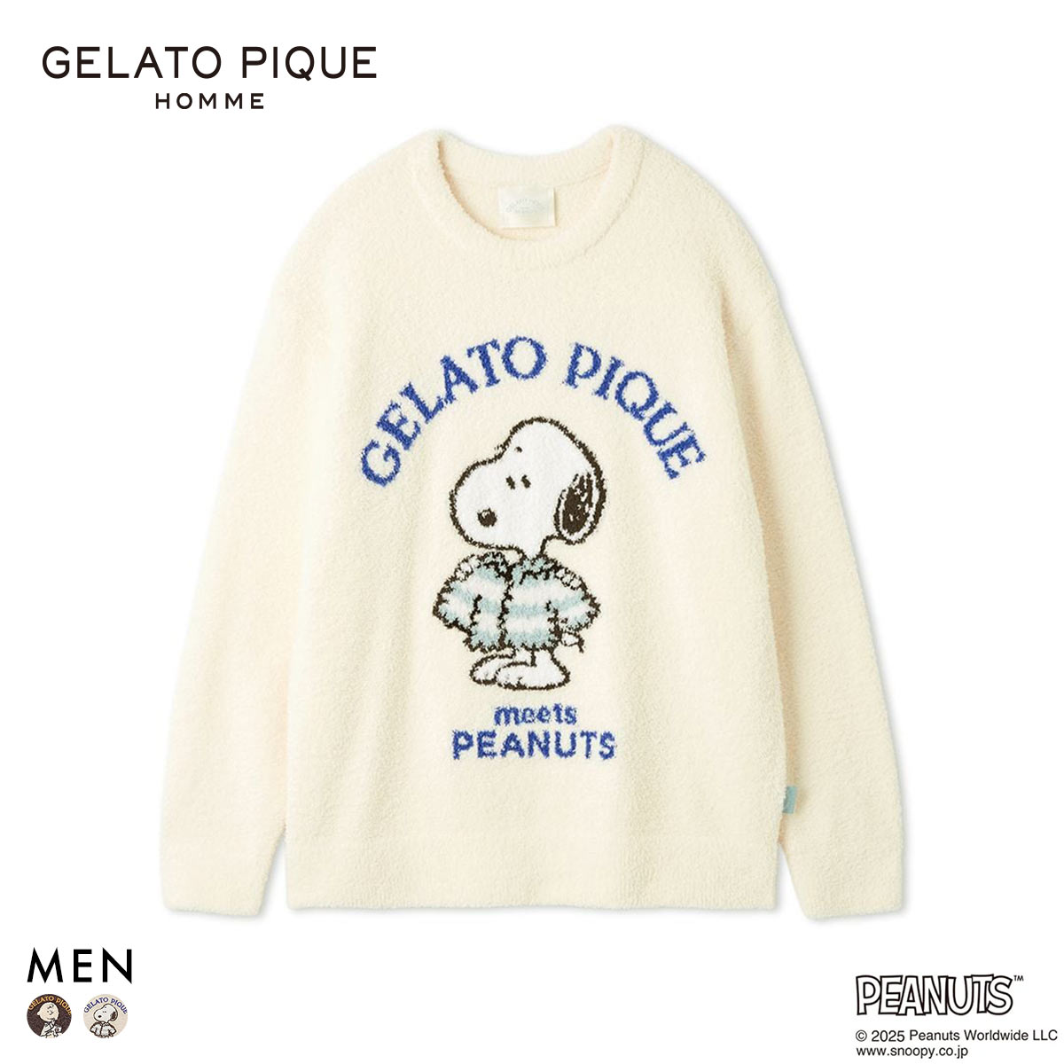 ジェラートピケ オム メンズ PEANUTS オリジナルアートジャガードプルオーバー ジェラピケ gelato pique スヌーピー HOMME(OW-オフホワイト-M)
