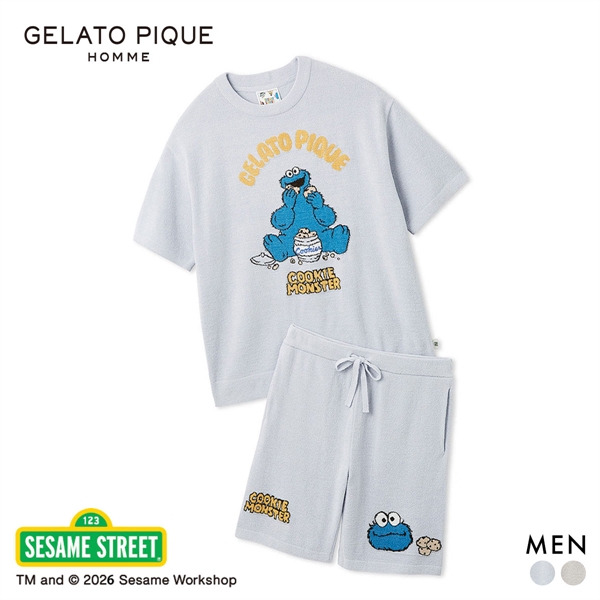 ジェラートピケ オム SESAME STREET エアリーモコジャガードプルオーバー＆ハーフパンツセット ジェラピケ セサミストリート GELATO PIQUE(BU-ブルー-M)