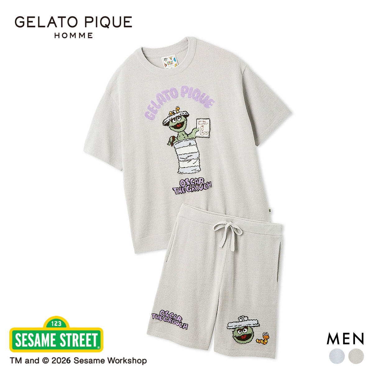ジェラートピケ オム SESAME STREET エアリーモコジャガードプルオーバー＆ハーフパンツセット ジェラピケ セサミストリート GELATO PIQUE(GY-グレー-M)
