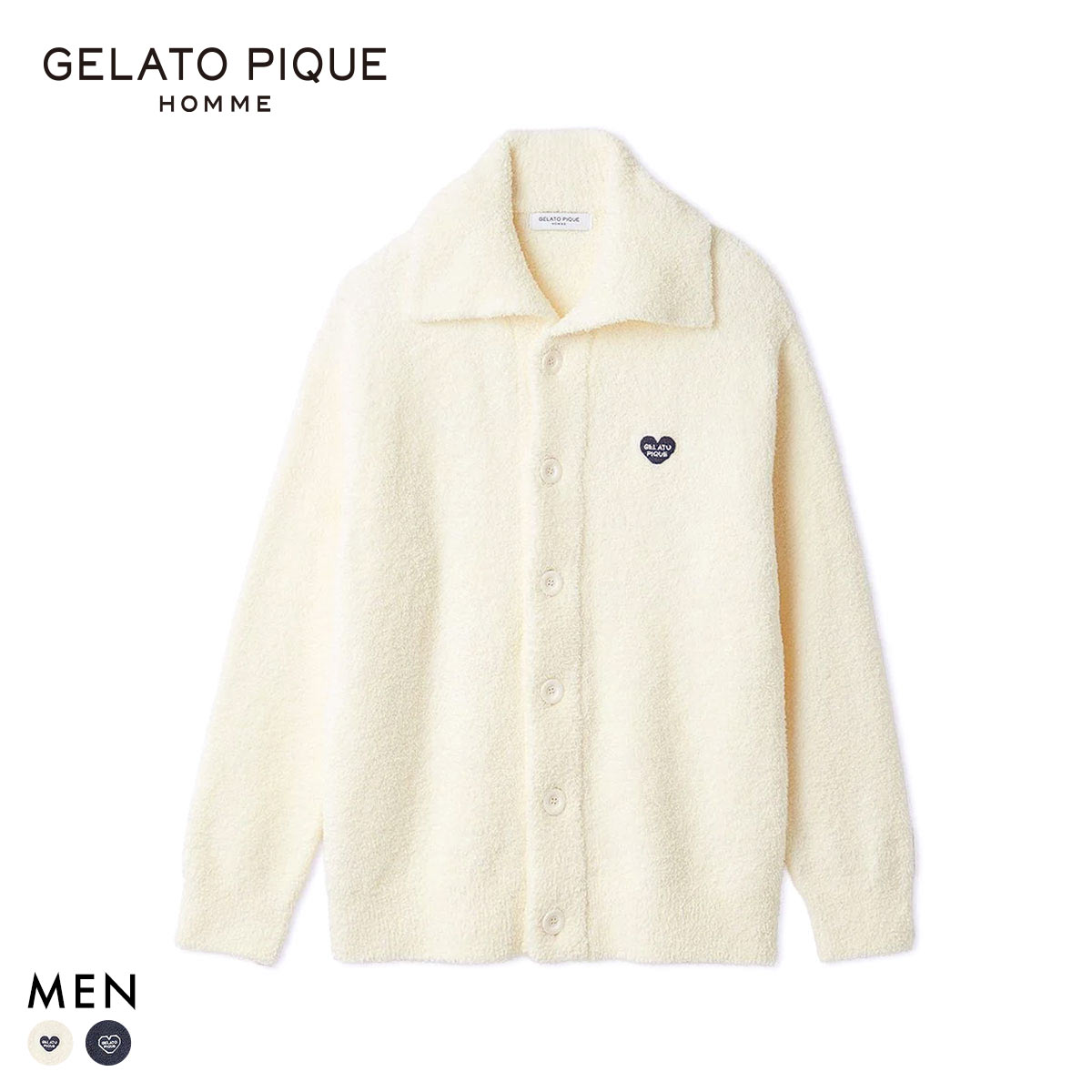 ジェラートピケ オム メンズ べビモコハートロゴ刺繍カーディガン ジェラピケ パジャマ ルームウェア gelato pique HOMME(CR-クリーム-M)