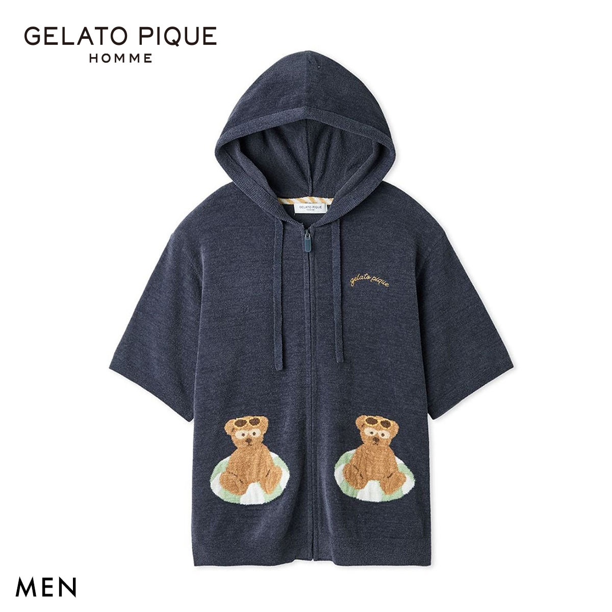 ジェラートピケ オム メンズ サマーベアジャガード半袖パーカ ジェラピケ パジャマ ルームウェア GELATO PIQUE HOMME(NV-ネイビー-M)