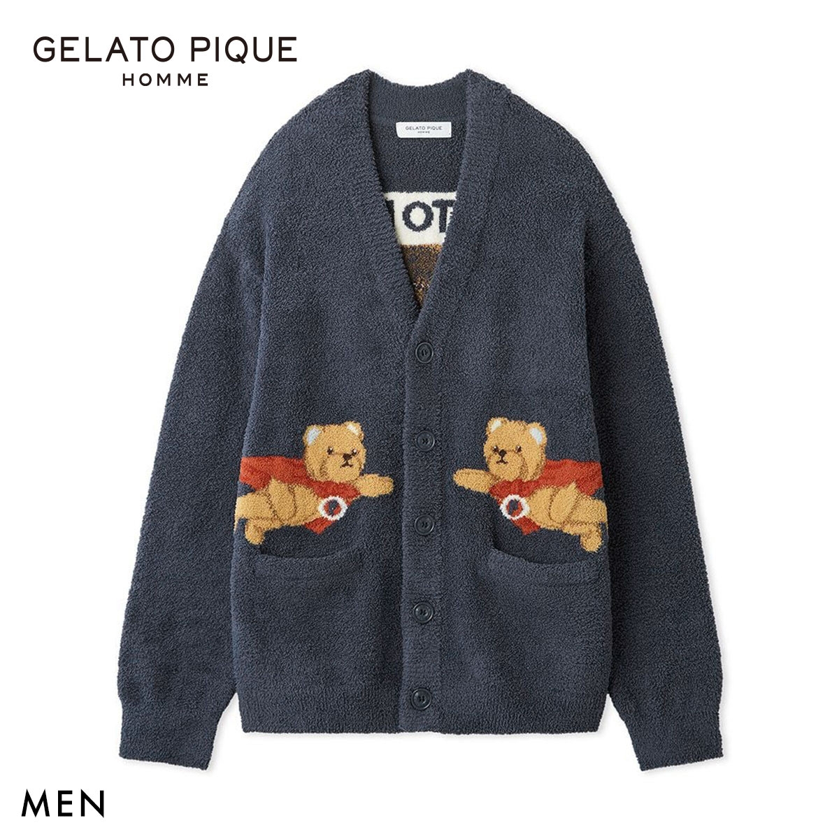 ジェラートピケ オム メンズ ベビモコヒーローベアジャガードカーディガン ジェラピケ パジャマ GELATO PIQUE HOMME(NV-ネイビー-M)