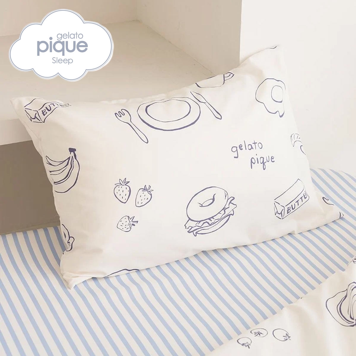 ジェラートピケ スリープ モーニング柄 ピローケース ジェラピケ gelato pique Sleep(BU-ブルー-Free)