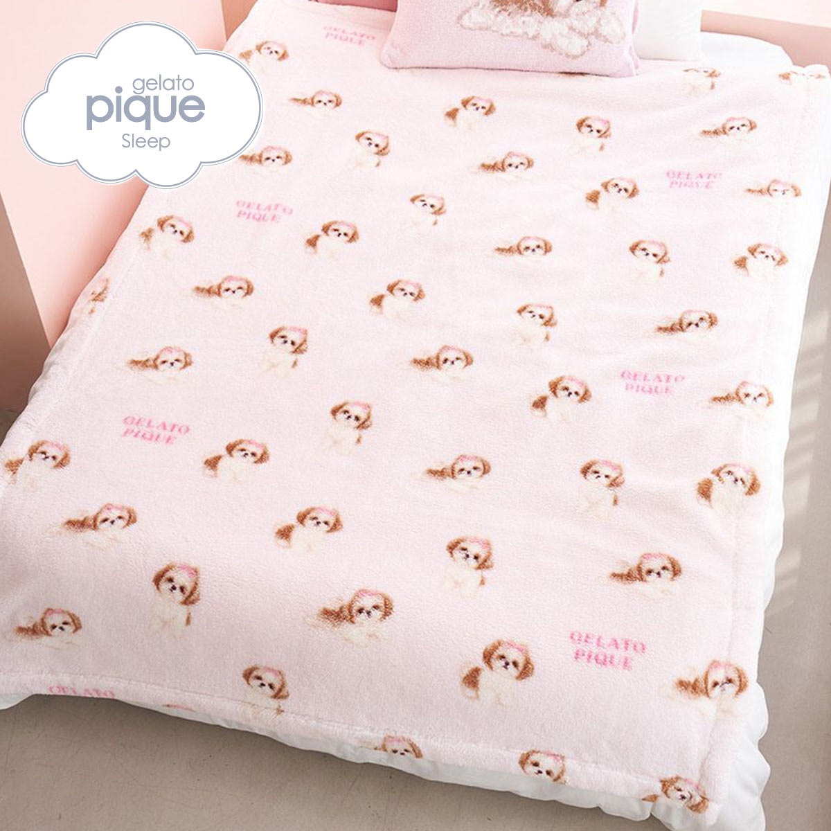 ジェラートピケ スリープ リボンDOG柄プリント毛布 ジェラピケ gelato pique Sleep(PI-ピンク-Free)